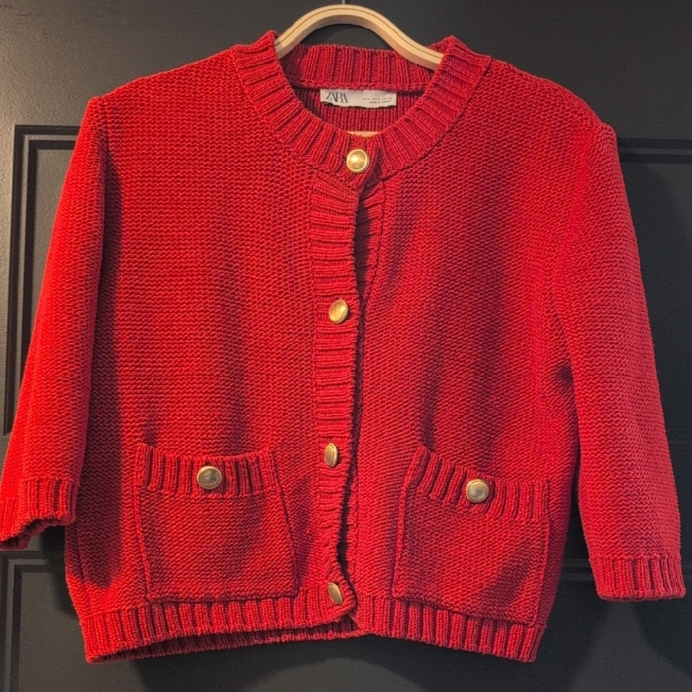 Zara Vibrant Red Cardigan with Gold Buttons